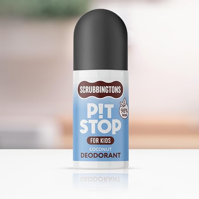 Scrubbingtons Pit Stop Kid’s Deodorant Children’s Roll-On Deodorant with Gentle Formulation Aluminium and Alcohol Free Coconut Scent – 75ml Quad Pack
