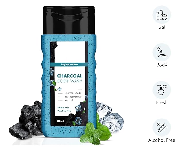 HK Charcoal &amp Menthol Body Wash | With Menthol 5% Niacinamide &amp Activated Charcoal Beads | For Instant Cooling Odor Protection &amp Improves Skin texture | 250ml