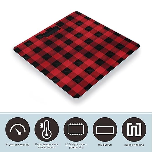 Red Black Buffalo Check Plaid Pattern Weight ScaleClear LED Display Bathroom Digital Weighing ScaleTempered Glass Digital Bathroom Scale for Body Weight Capacity Up to 400 Lbs
