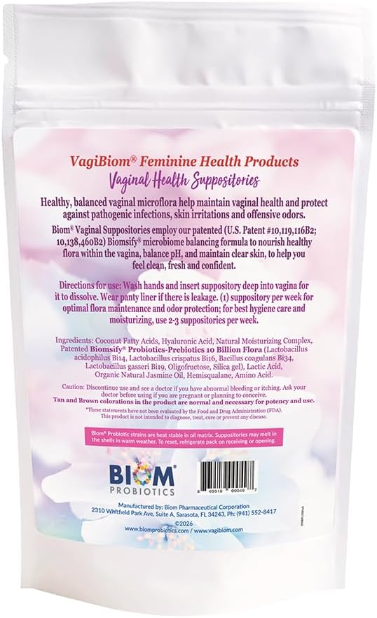 VagiBIOM® Feminine Care Suppositories – Intimate Moisturizing &amp Freshness Support - Lactobacillus + Prebiotics Formula 100% Vegan – No Parabens No preservatives (15 Count)