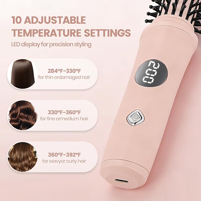 Cordless Curling Iron Brush for All Hairs Hot Hair Comb for Travel USB Recharged Ceramic Curling Wand Electric Heated Round Brush with 10 Temp Mini Dual Straightener Tools for Short Long Hairs