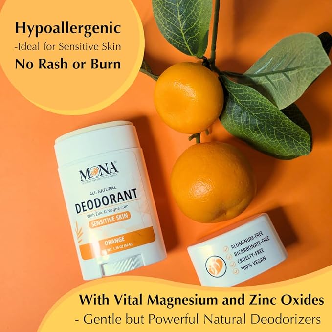 MONA BRANDS All Natural Deodorant For Women &amp Men | For Sensitive Skin | No Aluminum or Baking Soda | (2-Pack ORANGE 1.76 Oz each)