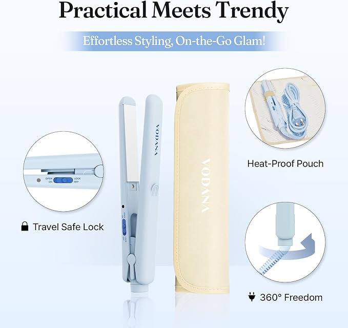 VODANA Professional Hair Irons Bundle Pocket Mini Flat Iron Creamy Blue Heat Balance 24/7 Glossy Hair Oil
