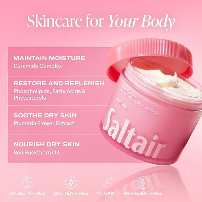 Saltair Body Wash Pink Beach 2-Pack. Moisturizing Body Cleanser &amp Multi-Lipid Body Butter - Rich Nourishing Pink Beach Hydrating Body Cream Bundle