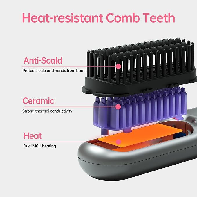 Cordless Hair Straightener Brush-Portable Straightening Comb 9600mAh Batt Plasma Tech 9 Temp-Settings &amp LED Display for Travel &amp Home (Grey)