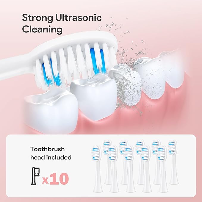 Dnil 2-Pack Sonic Electric Toothbrushes for Adults Rechargeable with Long-Lasting Battery 35000 VPM High-Speed Cleaning Includes 10 Brush Heads &amp 5 Custom Modes (White &amp Pink)