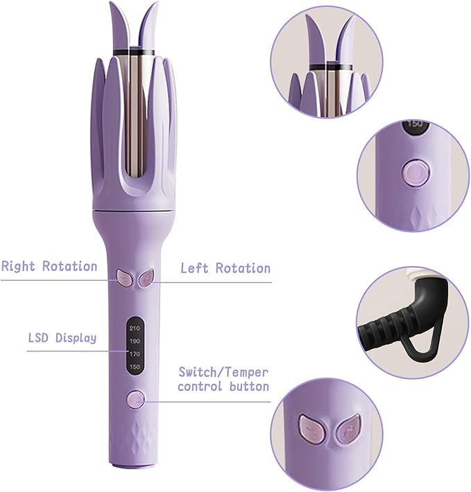 Automatic Curling Iron Rotating Curling Iron with 4 Temps &amp Display Screen 40S Fast Heating Hair Curlings Wand Anti-Tangle Anti-Scald Wave Curling Irons Ceramic Hair Curler for Women (Purple)