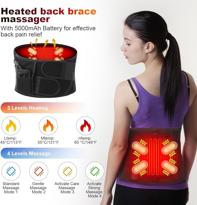 Cordless Heating Pad Back Massager Brace Rechargeable Heated Back Brace and Massage Belt for Lower Back Pain Relief(M)