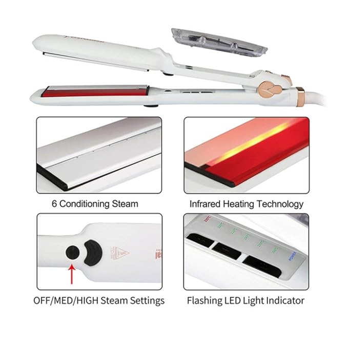 DORISILK Steam Hair Straightener and Curler Iron 2 in 1 Professional Salon Infrared Flat Iron Wide Tourmaline Ceramic Plate Vapor Straighteners for Hair Instant Heat Up Adjustable Temp 2 Inch White