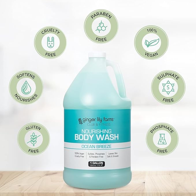 Ginger Lily Farms Club &amp Fitness Nourishing Body Wash 100% Vegan &amp Cruelty-Free Ocean Breeze Scent 1 Gallon Refill (Pack of 4)