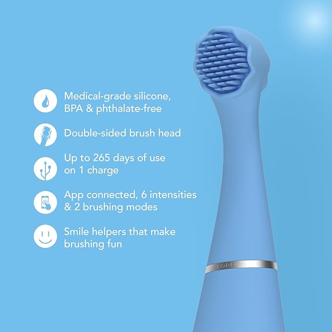 FOREO ISSA 4 Baby – Silicone Sonic Electric Toothbrush Bundle for Babies 2-Sided Bristles Fun Smile Feature Gum Massage 12 Months of Care with Extra Brush Head Travel-Friendly - Bubble Blue