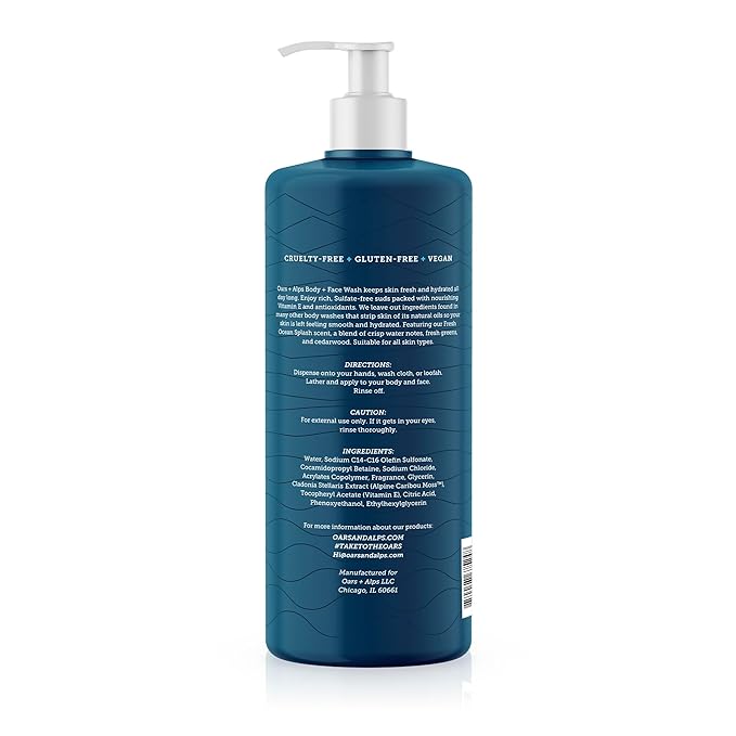 Oars + Alps Body Wash for Men Mens Body Wash &amp Face Cleanser with Vitamin E &amp Antioxidants Moisturizing Paraben &amp Sulfate Free Cleanser Fresh Ocean Splash 32oz