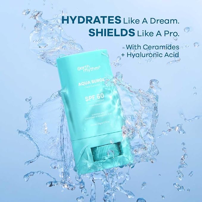 Ear.th-Rhythm Aqua Surge Hydrating Sunstick SPF 60 PA++++ | Ceramides &amp Hyaluronic Acid Sunscreen Stick | Lightweight Broad Spectrum UVA/UVB Protection | Vegan &amp Paraben Free | 20g