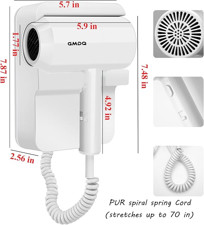 Hotel Wall Mounted Hair Dryer for BathroomRestroom Professional Blow Dryerwith Stand RackSpecialised Motor for SalonFast Drying - Gifts【Massage CombScrews+ Adhesive】 110V
