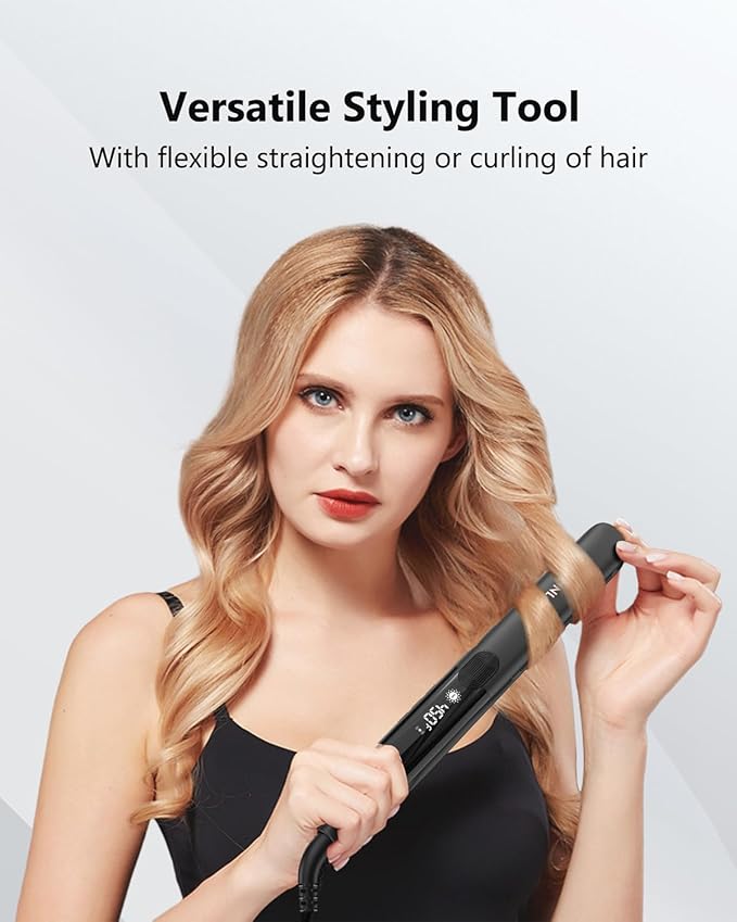 Hair Straightener 1 Inch Flat Iron and Curler 2 in 1 Titanium Ceramic Ionic Dual Voltage Straightener with Heat-Resistant Silicone for Less Frizz Shinier &amp Smoother