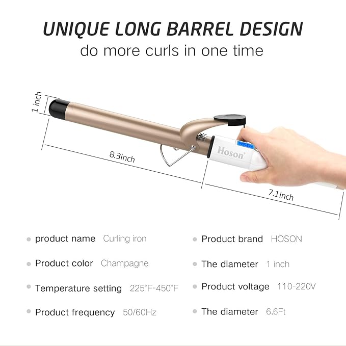 Hoson 1 Inch Curling Iron Professional Ceramic Tourmaline Coating Barrel Hair Curler LCD Dispaly with 9 Heat Setting(225°F to 450°F for All Hair Types Glove Include)