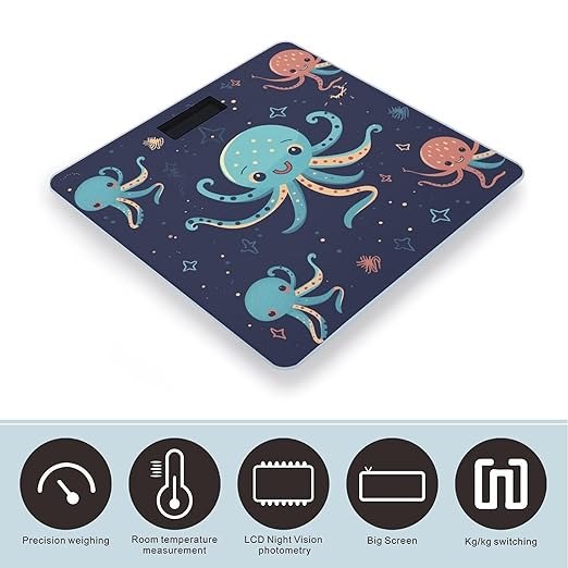 Cartoon Octopus Scale for Body Weight Safe Rounded Corners Tempered Glass Digital Bathroom Scale LED Display 400lb Capacity Weight Scales with High Precision Sensors