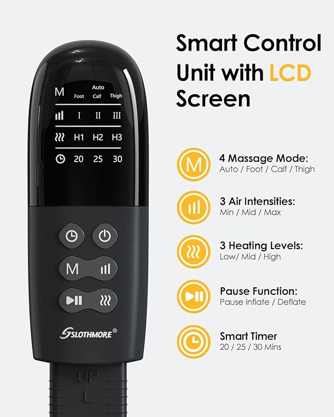 SLOTHMORE Leg Massager with Air Compression for Circulation 3-in-1 Full Leg Heating for Foot Calf Thigh 4 Modes 4 Intensities 2 Heat Levels Compression Device for Swollen Legs RLS Pain Relief
