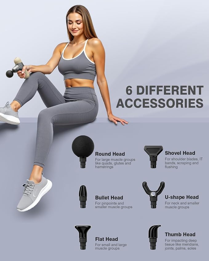 Morelax Mini Massage Gun Deep Tissue Portable Percussion Muscle Massager for Whole Body Pain Relief Electric Handheld Sport Massager with 6 Massage Heads 4 Speed Best Gift (Silver Beige)