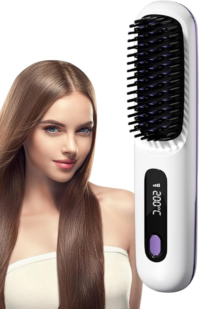 Heat Hair Straightener Brush Heat Brush for Hair Styling Rechargeable Cordless Digital Display Portable Straightening Brushs for Women for Women Long Short Straightening Curling Home Office Hotel