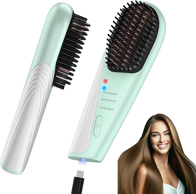 Go Brush Pro Cordless Hair Straightener Brush - Portable Travel-Friendly 30s Quick Heat 10000mAh USB-C Rechargeable 150M Negative Ions (Green(10000mAh))