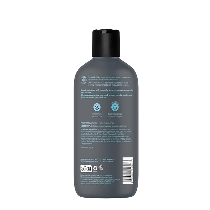 ATTITUDE Shower Gel Body Wash for Men 98% Natural Origin Ingredients Paraben &amp Phthalate Free EWG Verified Cleanses Without Drying Eucalyptus &amp Sage 14 Fl Oz (Pack of 3)