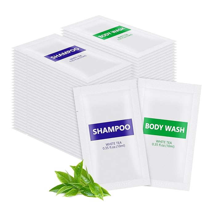 100 pack 0.35 fl oz/10ml Travel Size Shampoo Bulk Individually Wrapped bundle with 100 pack Travel Size Body Wash Bulk White Tea Scent0.35 fl oz/10ml
