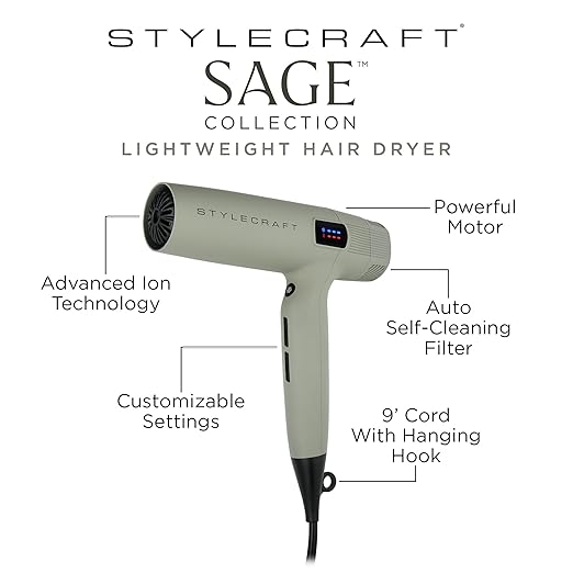 StyleCraft Sage Hair Styling Bundle - Lightweight Professional Hair Dryer Vibrating Flat Iron 2-in-1 Curling Wand &amp Styling Brush Triple Barrel Deep Waver - Tourmaline &amp Titanium Tools Holi