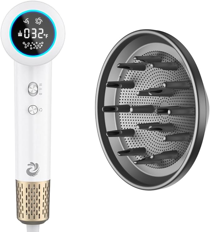 Plasma Hair Dryer (Positive+Negative Ionic) LED Display 5 Temps 2 Speed Thermo-Control 110000 RPM Fast Drying Plasma HairDryer (White) Bundle with 360° Magnetic Diffuser for KARFUN Hairdryer(Gray)