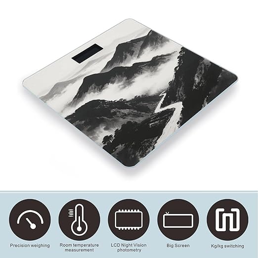 Black and White Mountain Bathroom Scale for Body Weight LCD Display Digital Bathroom Scale Tempered Glass Bathroom Weight Scales Fashion Smart Scales for Home Bedroom 400 Lb