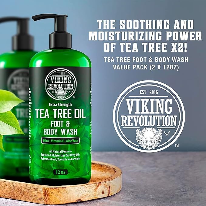 Viking Revolution Men's Tea Tree Oil Body Wash (12 Fl Oz Each 2 Pack) and Soap Bag with Drawstring (5.9x3.7 1 Piece) - Helps Athlete's Foot Toenail Jock Itch Eczema Ringworm &amp Body Odors