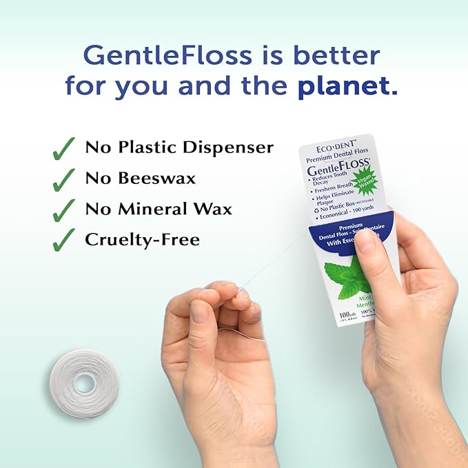 Eco-Dent GentleFloss Dental Floss Waxed Mint - Floss with Vegan Plant-Based Wax Recyclable Cardboard Packaging 100 Yds Ea (Pack of 6)