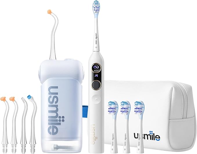 【5-in-1 Bundle】 usmile C10 Portable Water Flosser Blue Y10 PRO Smart Electric Toothbrush White S-Type Nozzles Replacement Brush Heads &amp Travel Case – Complete Oral Care Set for Home &amp Trave