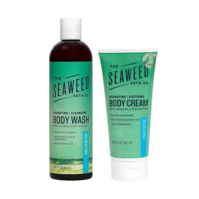 The Seaweed Bath Co. Unscented 12oz Body Wash and 6oz Body Cream Natural Organic Bladderwrack Seaweed Paraben Free