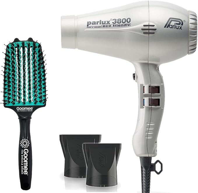 Parlux 3800 Eco Friendly Ionic and Ceramic Silver Hair Dryer and Miracle Large Detangling Brush Mint Green – Professional Blow Dryer and Dual Bristle Brush for Smooth Shiny Frizz-Free Hair