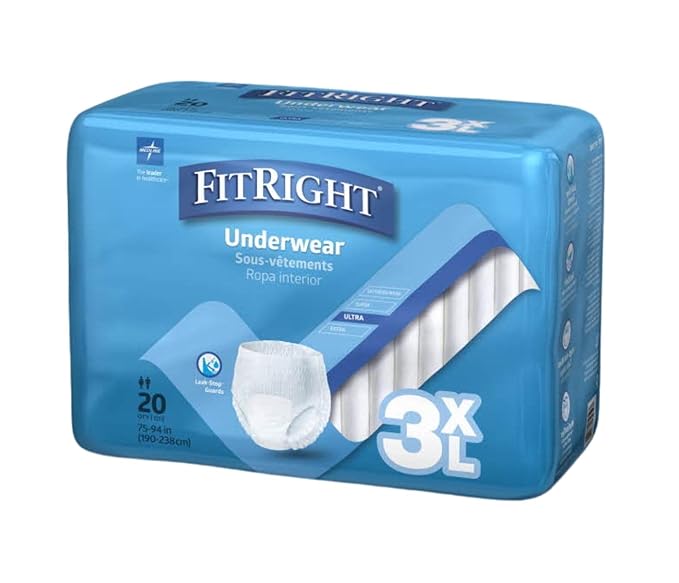Medline FitRight Adult Incontinence Underwear Heavy Absorbency 3X-Large 75-94 Waist (20 Count 4 Pack)