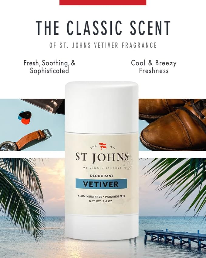 St. John Vetiver Aluminum Free Deodorant with Aftershave and Cologne | Made with Bay Leaves from The Virgin Islands | Bay Leaf After Shave Fragrance for Men | (8 oz Splash Bottle)