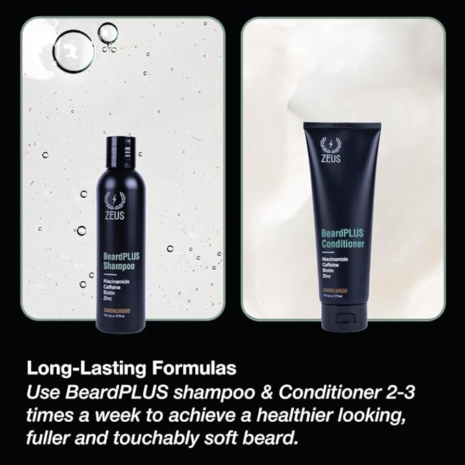ZEUS BeardPLUS Beard Shampoo &amp Conditioner Set for Men Hair Growth Treatment for Hydration Softness &amp Thickness with Biotin &amp Caffeine (Made in USA) Combo Set