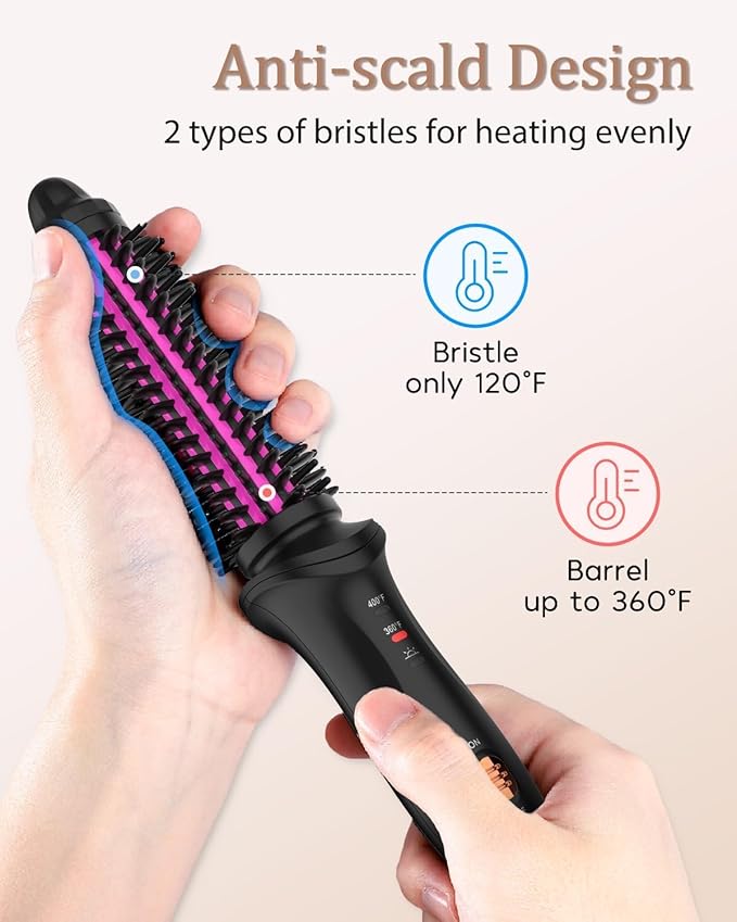 Curling Iron Brush for Short Long Hair Hair Curling Brush Long Barrel Tourmaline Ceramic Dual Voltage Curling Brush Iron with Anti-Scald Bristles (Black)