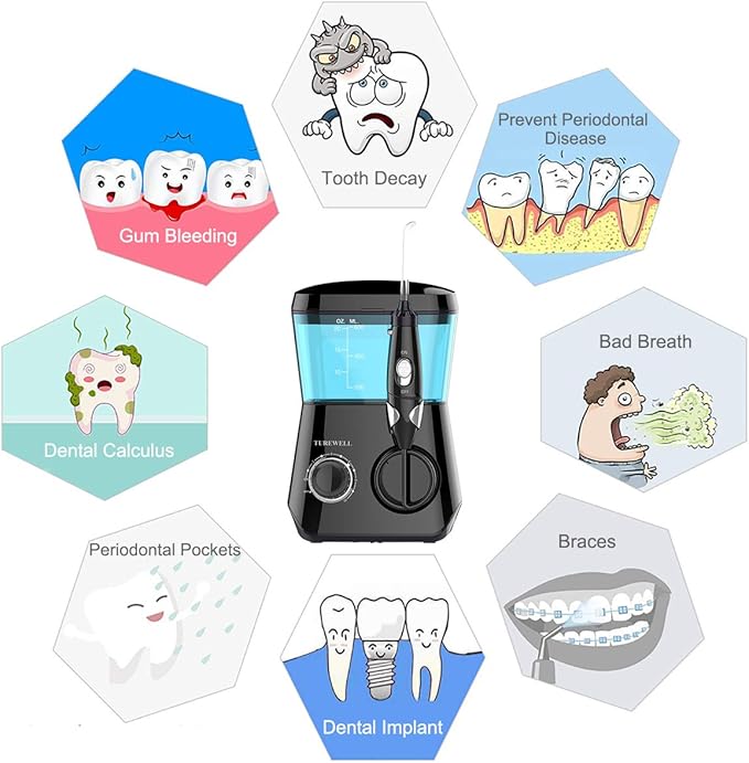 TUREWELL Water Flossing Oral Irrigator 600ML Dental Teeth Cleaner 10 Adjustable Pressure Electric Oral Flosser for Braces 8 Replacement Jet Tips for Family (Black)