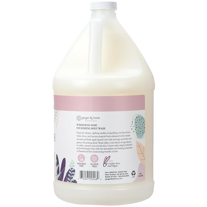 Ginger Lily Farms Botanicals Nourishing Body Wash 100% Vegan &amp Cruelty-Free Whispering Rose Scent 1 Gallon (128 fl oz) Refill