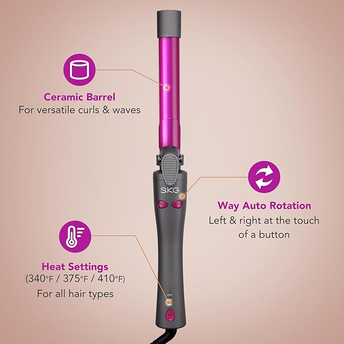 SKG Automatic Rotating Curling Iron 1-Inch Ceramic Barrel 2-Way Rotation 3 Heat Levels 60s Fast Heating 30-Min Auto Shut-Off Dual Voltage for Effortless Beach Waves &amp Curls