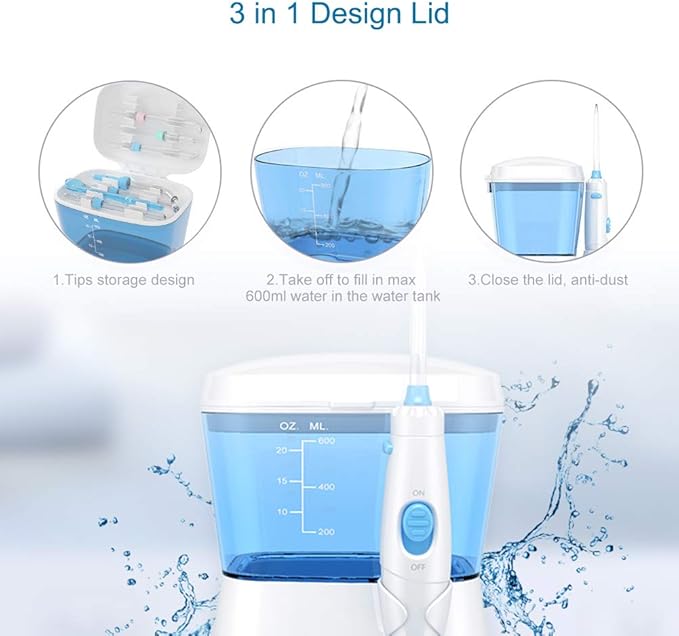 TUREWELL Water Flossing Oral Irrigator 600ML Dental Cleaner 10 Adjustable Pressure Electric Oral Flosser for Teeth/Braces 8 Replacement Jet Tips for Family (White)