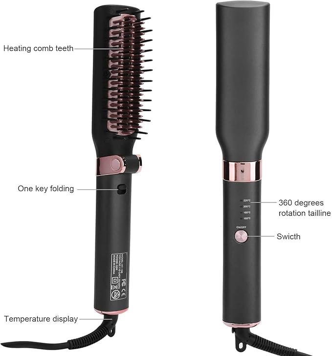 Straightening Comb for Hair Electric Folding Straightener Brush 2-in-1 Hot Brush Hair Straightener Compatiable for Home Salon Travel(US)