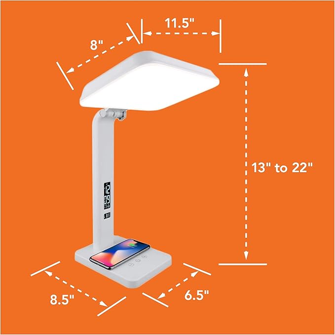 TheraLite Aura Qi Light Therapy Sun Lamp UV Free 10000 LUX Light Therapy Lamp Includes Alarm Clock Phone Charger USB Port White Light