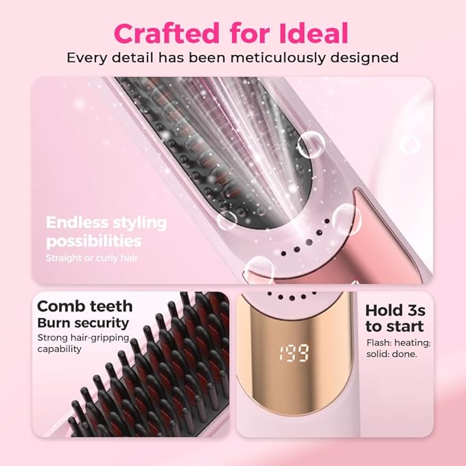 Wireless Ceramic Heating Hair Straightening Comb Portable Hair Straightening Brush Rechargeable Straightener Comb Fast Heating Straightener Brush for Travel Home (B_Pink)