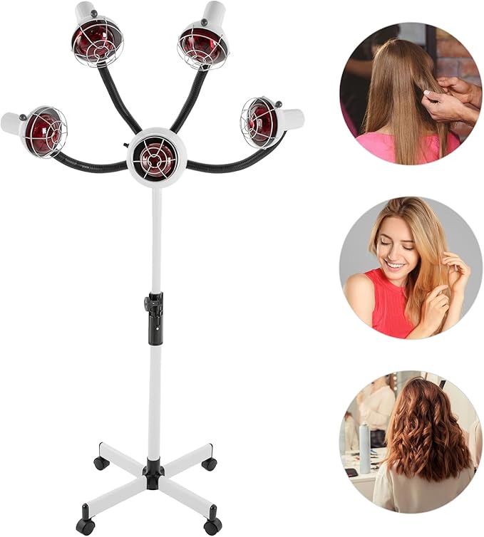 5 Head 750W Infrared Heat Lamp Standing Salon Hair Dryer Adjustable Height Styling Perm Dryer Mobile White Metal Hair Heater with Wheels and Temp Control (104-176°F) Flexible Arms