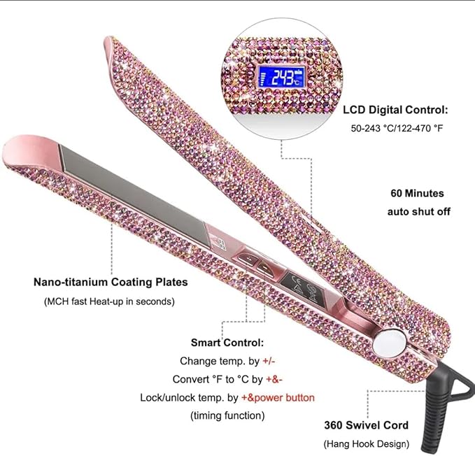 Luxurious Professional Ceramic Titanium Hair Straightener with Rhinestone Crystals - Bling Style - Infrared (122-480°F) - Fast Heat-Up Dual Voltage MCH Ceramic Heater - Auto Shut-Off - (Pink)