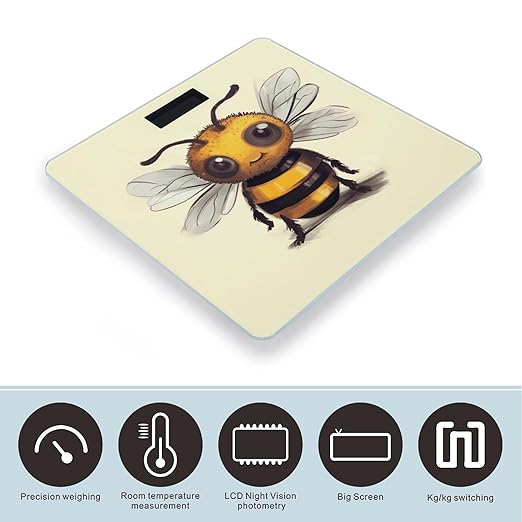 Cute Bee Bathroom Scale for Body Weight Bathroom Digital Electronic Weighing Scale with Back Lit LED Display Sturdy Tempered Glass Weight Watchers Scales 400lb