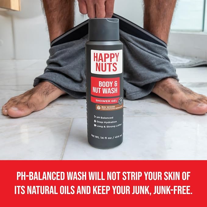 Happy Nuts Comfort Bundle - Comfort Cream Body Wash and Powder Spray - Anti-Chafing Sweat Defense and Men's Shower Body Wash